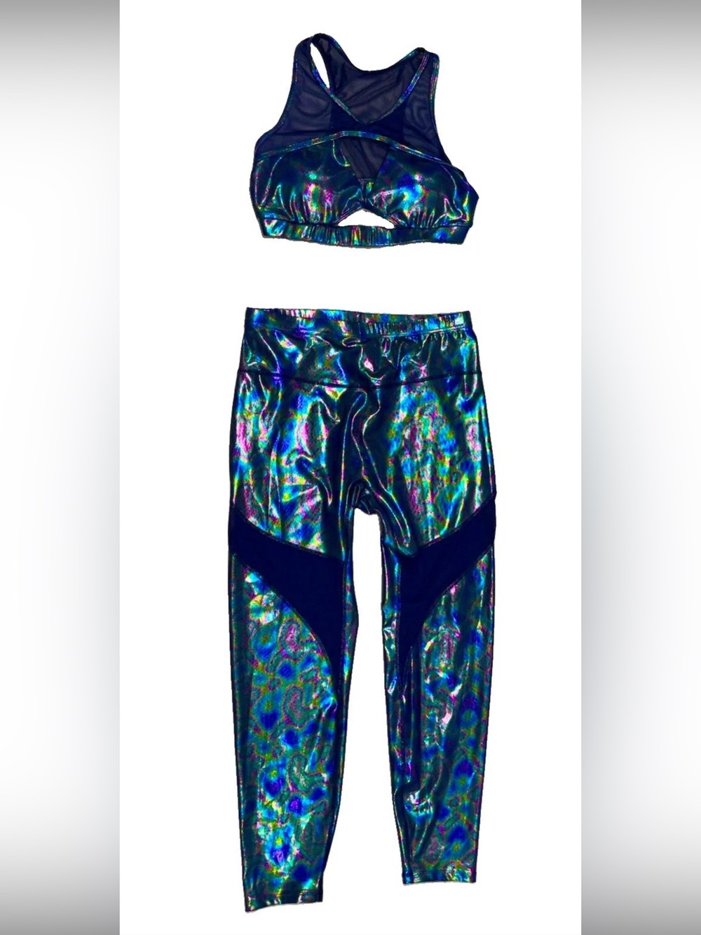 Metallic Holographic Oil Slick Y2K Athleisure 2 PC Set Sports Bra Leggings SZ.L